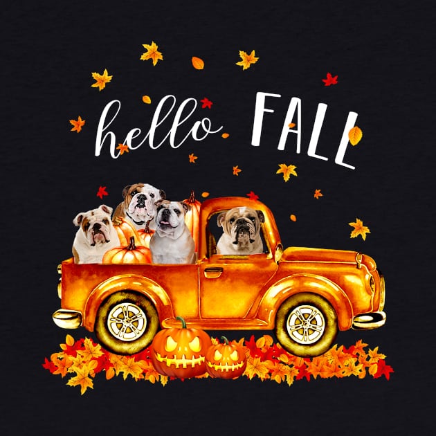 Bulldogs Hello Fall - Bulldogs In Car Pumpkin Halloween T-shirt Bulldogs Autunm Gift by kimmygoderteart